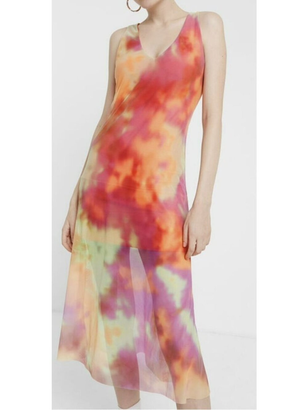 Desigual Tie Dye Double Layer V Neck Tank Midi Mesh Dress Size XL NWT